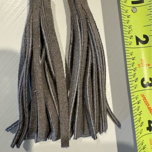 Boutique Grey Leather Tassel Earrings (local New Braunfels, TX artist) - Picture 4 of 4